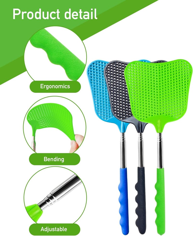 Wapodeai 3 pcs Fly Swatter, Fly Swatters Plastic Telescopic, Large Bug Swatter That Work for Indoor and Outdoor. (Black Blue Green) - Image 2